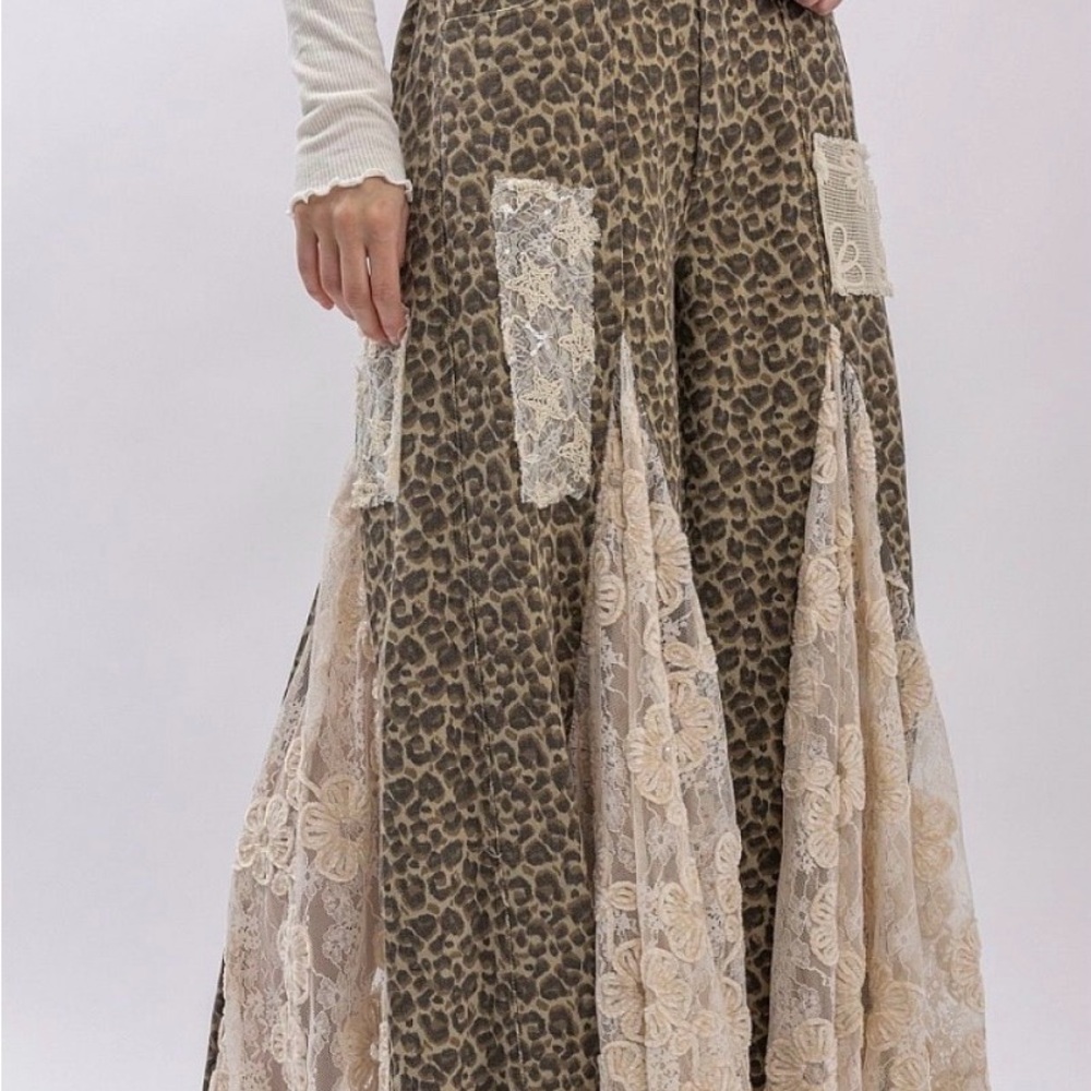 Blue Velvet Leopard Print Wide Leg Pants with Lace Panels